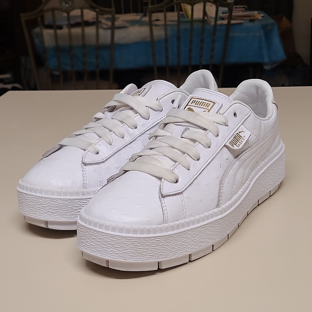 Puma White Gold Platform Sneakers trace Ostrich